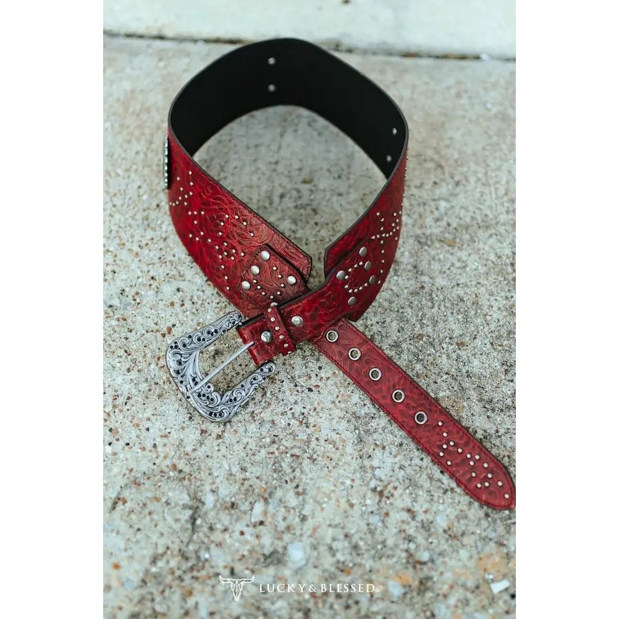 Lucky & Blessed Red Tooled Genuine Leather Studded Wide Belt