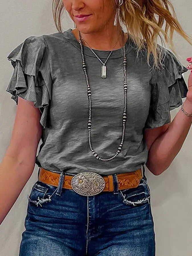 Ladies Rosa Clothing Ruffle Flutter Short Sleeve Round Neck Tee - RCJY04504