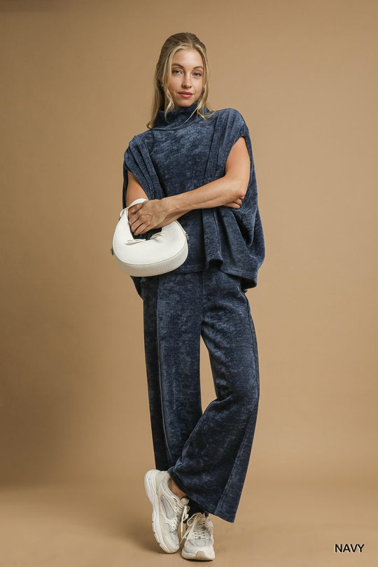 Ladies Umgee Pullover Poncho Top & Luxeknit Wide Leg Pant Set - K9049