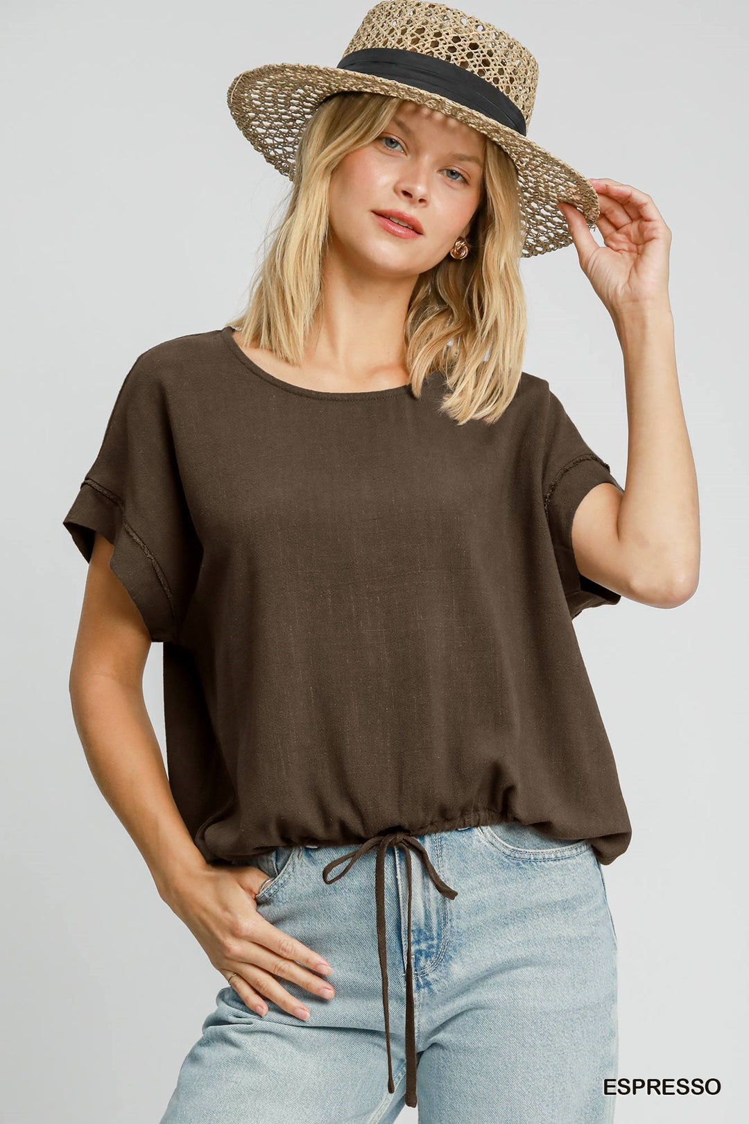 Ladies Umgee Drawstring Linen Blend Top - C4246