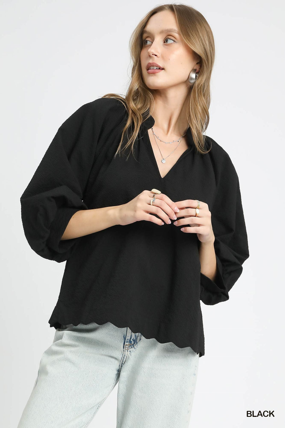 Ladies Umgee Split V Neck Top with Balloon Sleeves - C5060