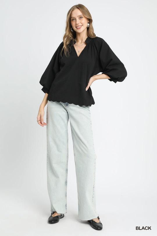 Ladies Umgee Split V Neck Top with Balloon Sleeves - C5060