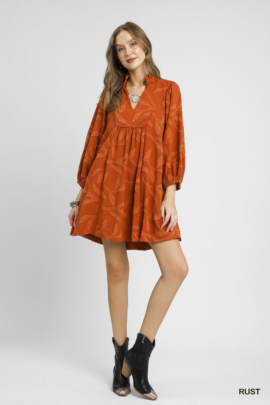 Ladies Umgee Jacquard High Ruffle Neck Dress - K0838