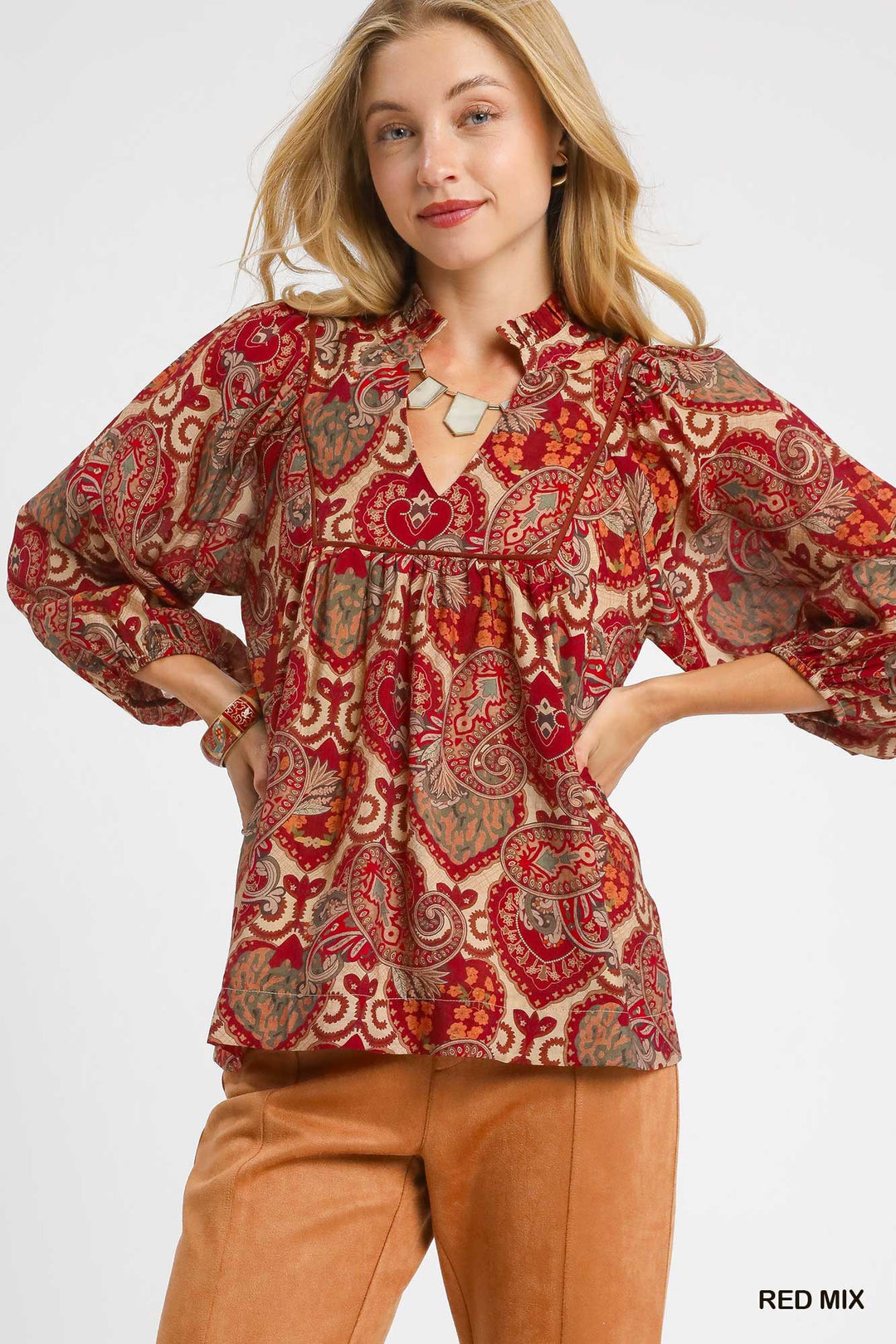 Ladies Umgee Boho Red Mix Paisley Blouse - K0983