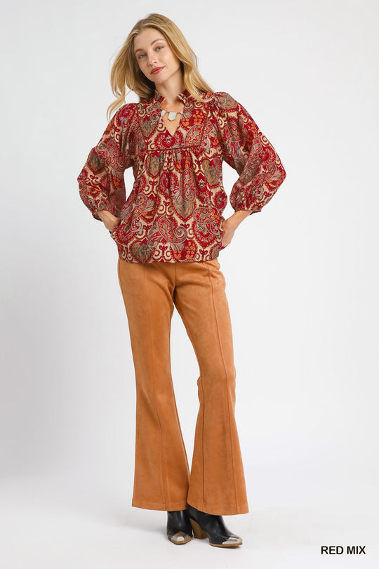 Ladies Umgee Boho Red Mix Paisley Blouse - K0983