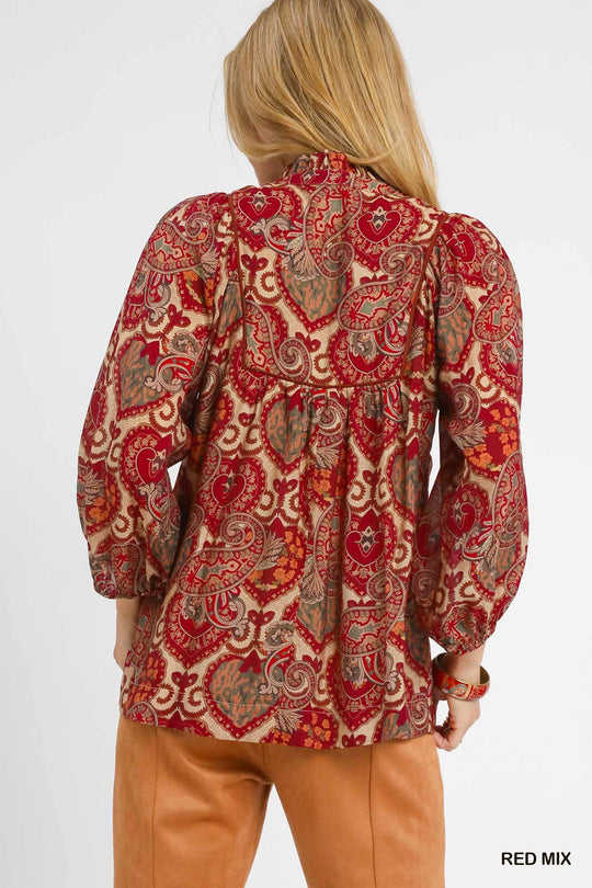 Ladies Umgee Boho Red Mix Paisley Blouse - K0983