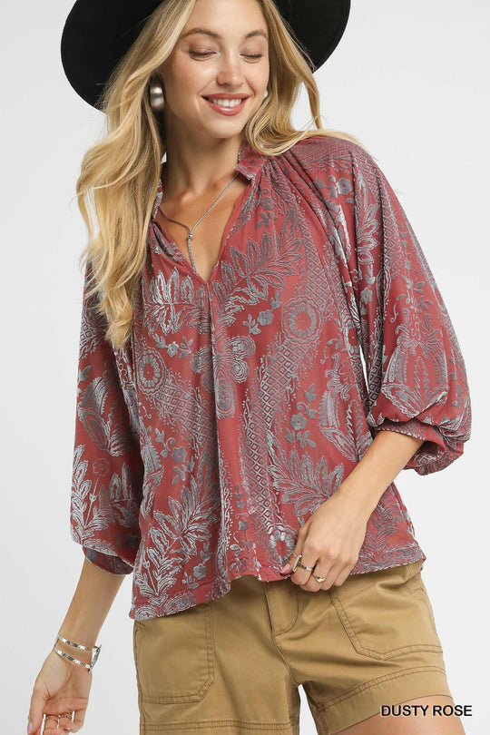 Ladies Umgee Damask Print Velvet Split Neck Top - C5358