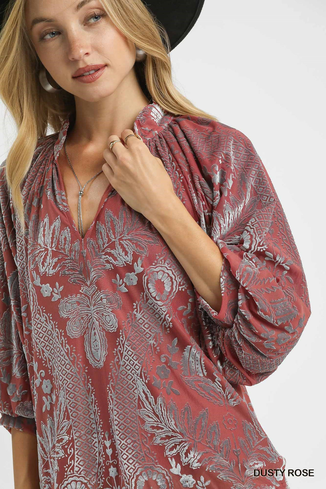Ladies Umgee Damask Print Velvet Split Neck Top - C5358