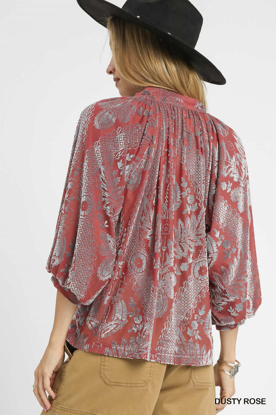 Ladies Umgee Damask Print Velvet Split Neck Top - C5358