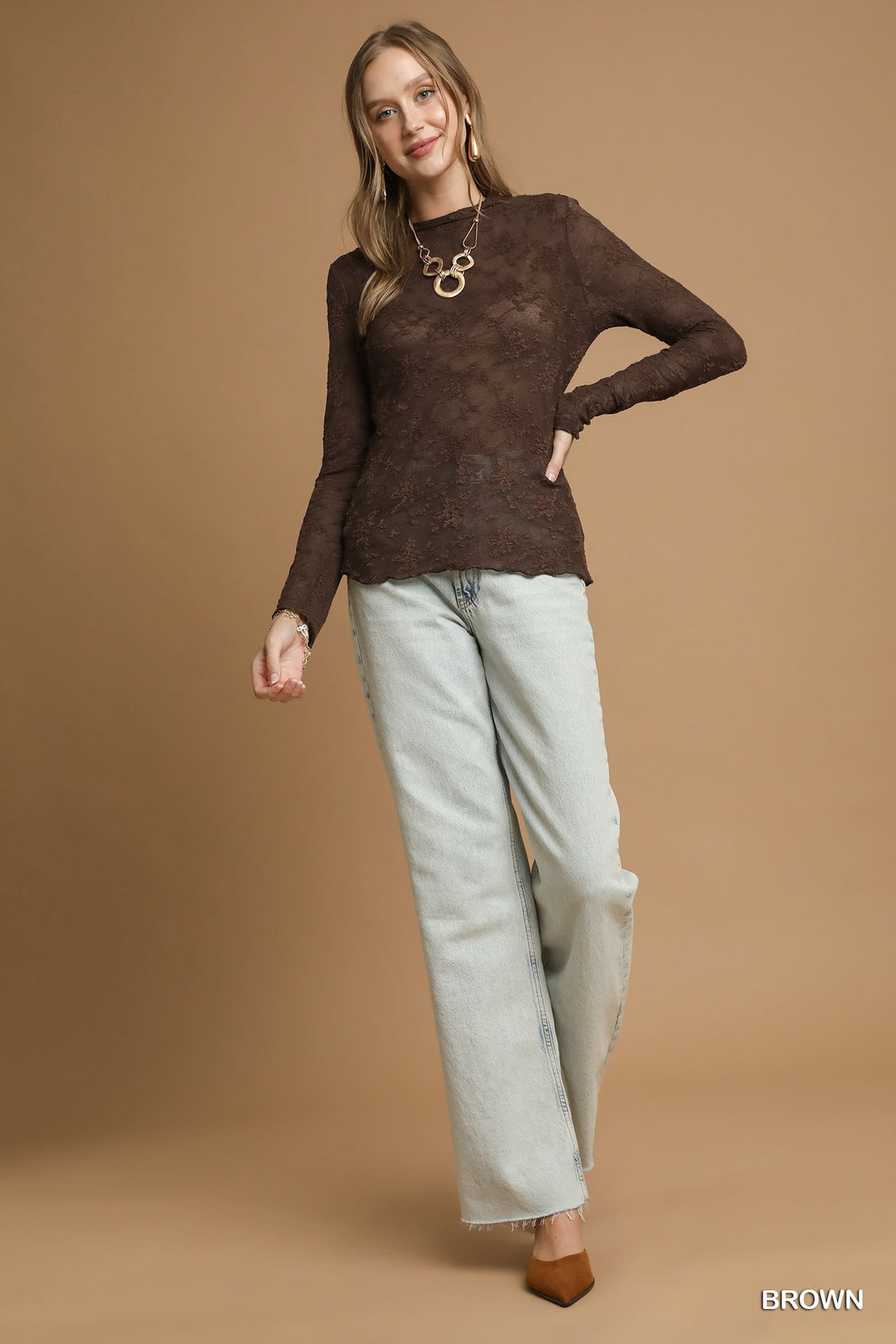 Ladies Umgee Lace Sheer Long Sleeve Top - C5315