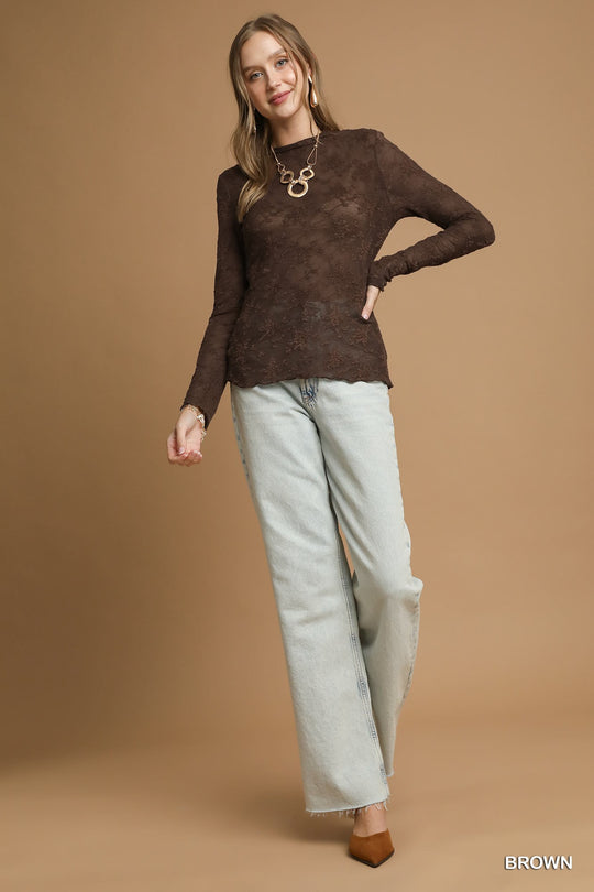 Ladies Umgee Lace Sheer Long Sleeve Top - C5315