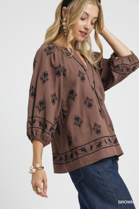 Ladies Umgee Embroidered 3/4 Top - K0875