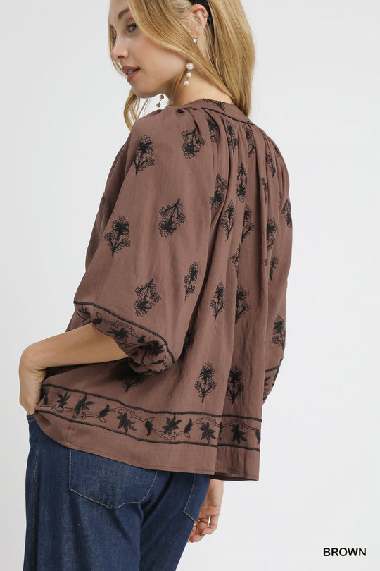 Ladies Umgee Embroidered 3/4 Top - K0875