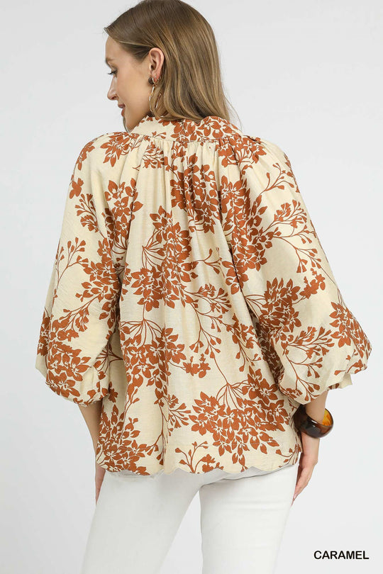 Ladies Umgee Cherry Blossom Print Scalloped Hem Blouse - C5415