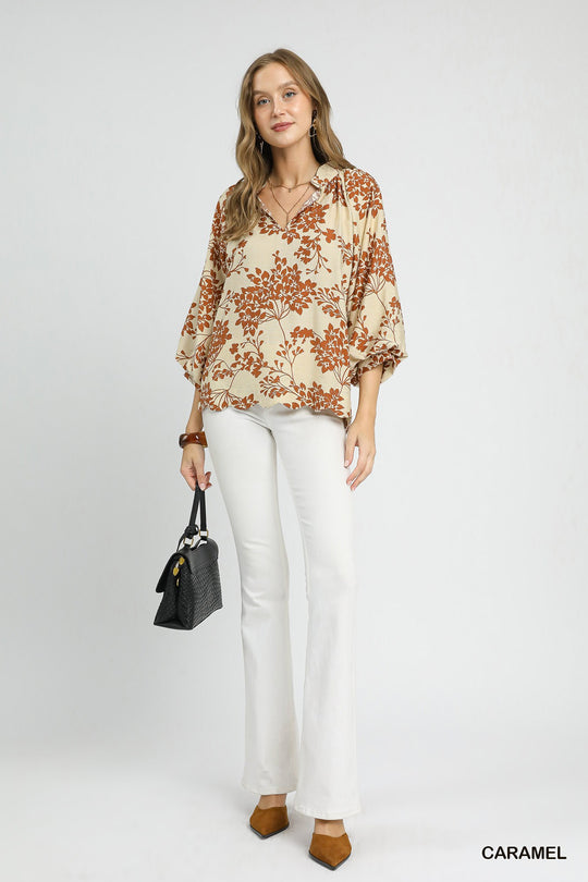 Ladies Umgee Cherry Blossom Print Scalloped Hem Blouse - C5415