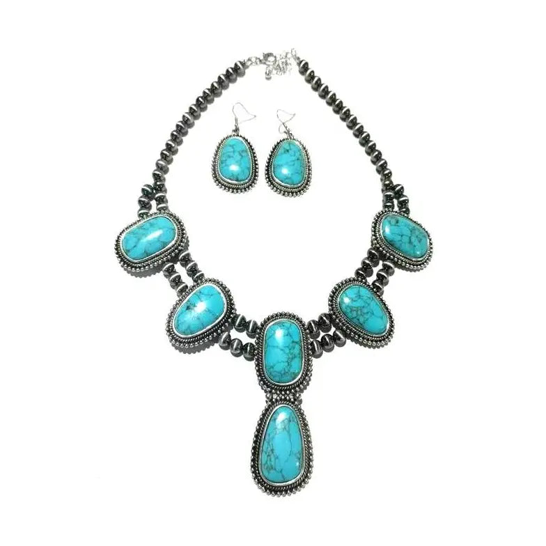 Western Turquoise Stone Squash Blossom Necklace Set - SS2396SBTQ
