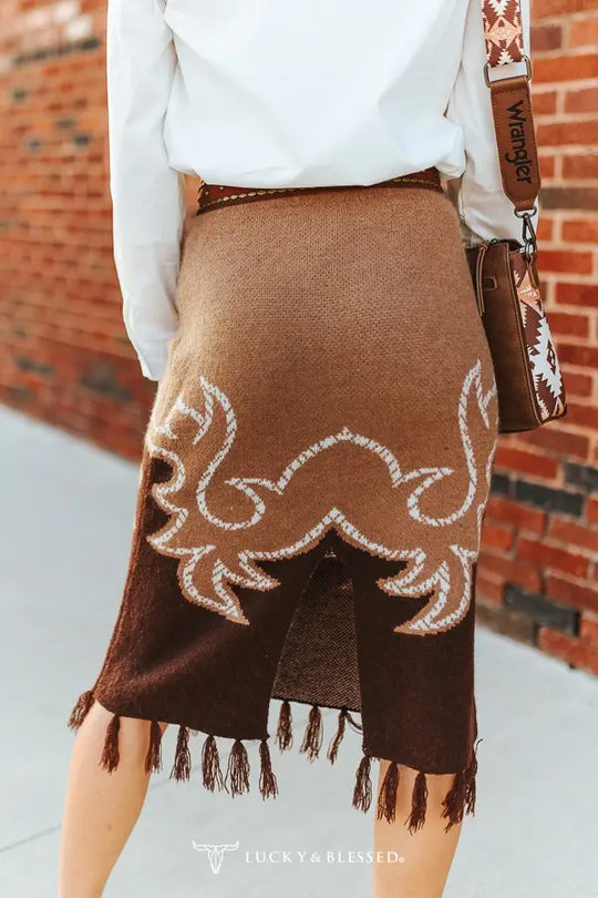 Ladies Lucky & Blessed Brown Aztec Knit Sweater Fringe Back Slit Skirt - SK452