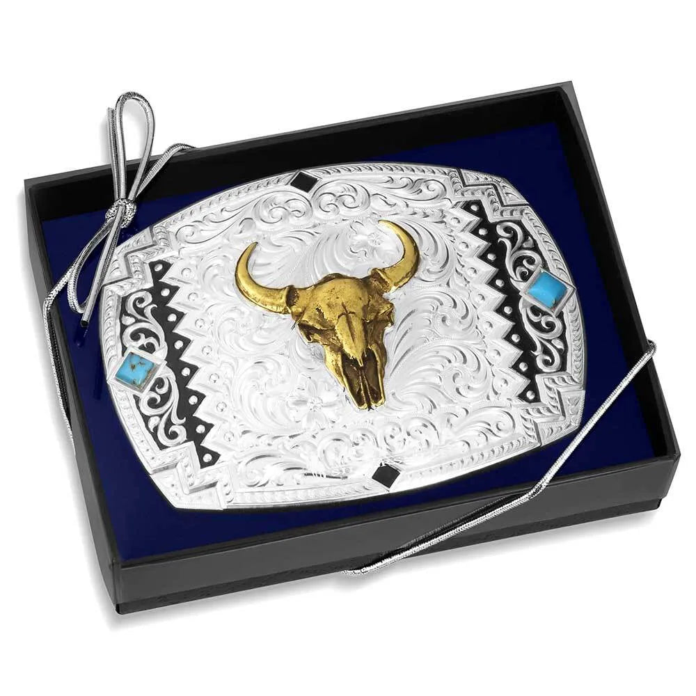 Montana Silversmiths Southwest Scroll Buckle with Buffalo Skull - 56100-1015