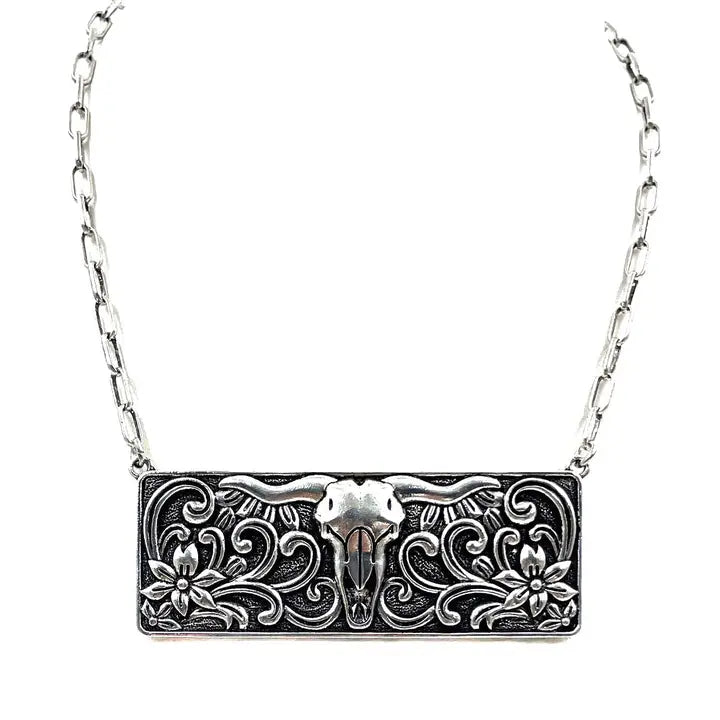 Western Steer Head Metal Plate Necklace- SN0202SB