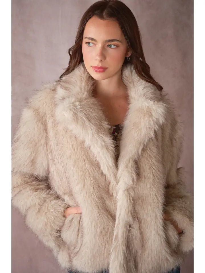 Ladies Blue B Faux 2 Tone Fur Hook & Eye Enclosure Coat - 37006J