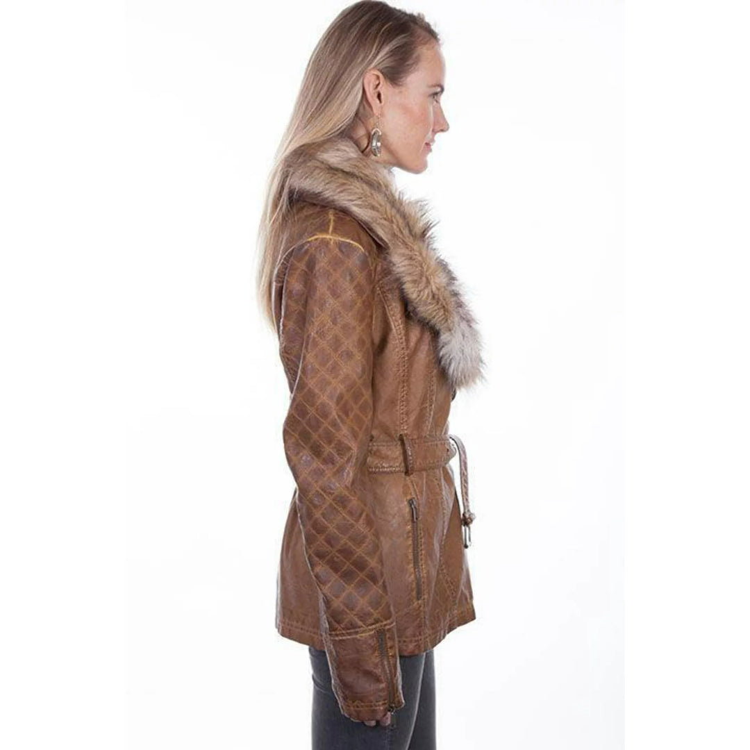Ladies Scully Brown Leather Faux Fur Collar Jacket - 8029