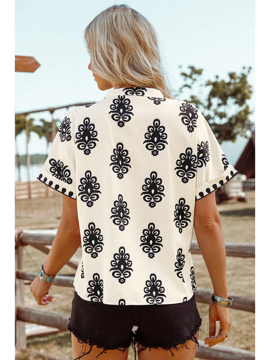 Ladies Fashion Works Boho Geometric Print Short Sleeve V Neck Blouse