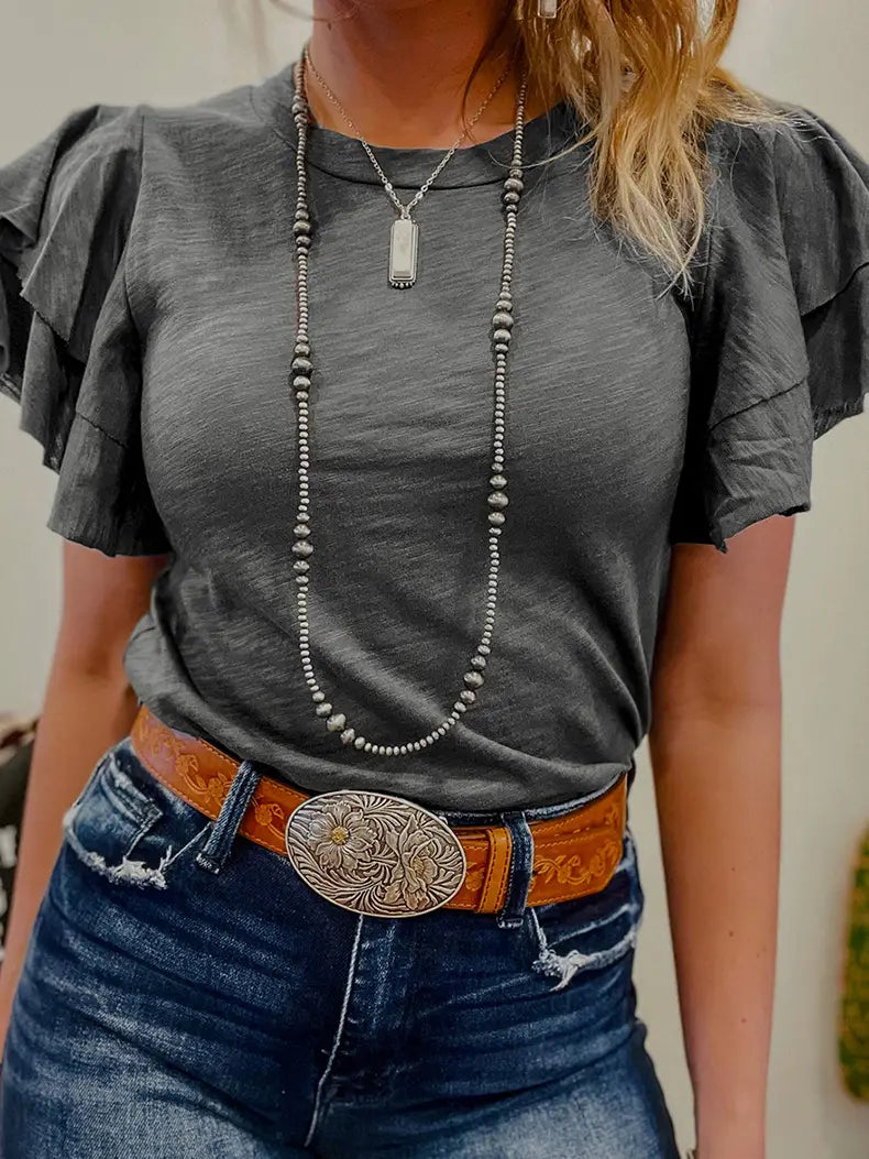Ladies Rosa Clothing Ruffle Flutter Short Sleeve Round Neck Tee - RCJY04504