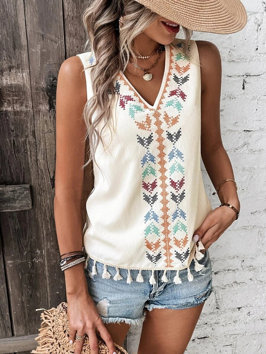 Ladies Rosa Clothing Boho Embroidered Tassle Tank - RCWJ01084