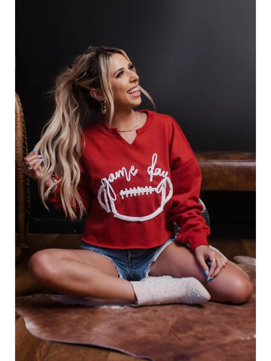 Merigold Kiss Game Day Rope Embroidery Crop Sweatshirt - MK548