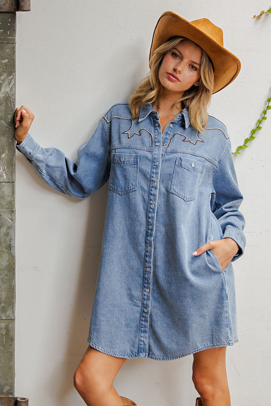 Ladies EESOME Mineral Washed Embroidered Yoke Denim Mini Dress - DY13283