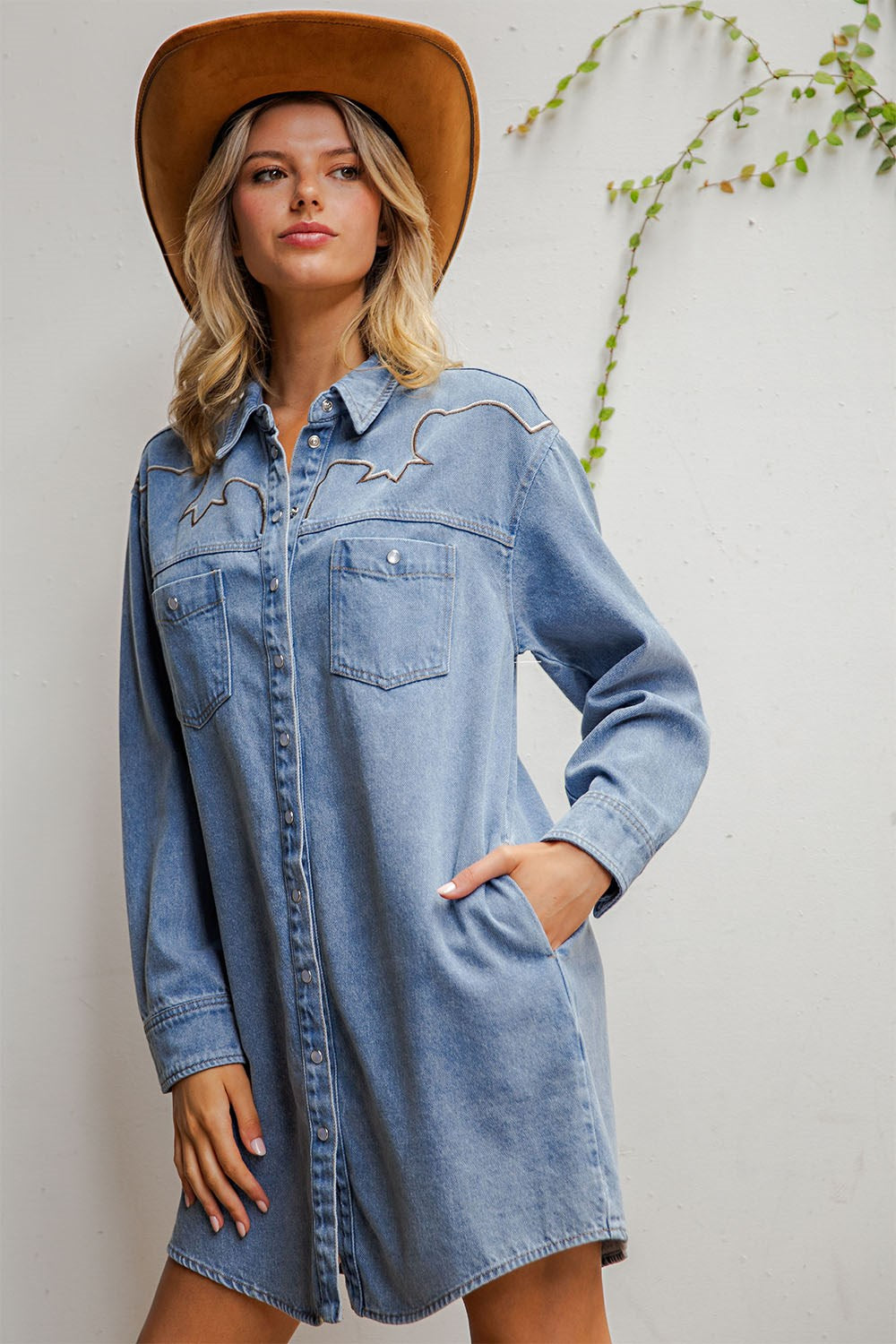 Ladies EESOME Mineral Washed Embroidered Yoke Denim Mini Dress - DY13283