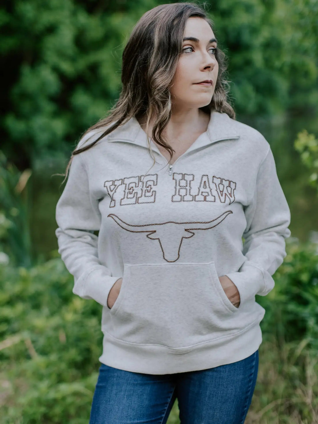 Ladies Merigold Kiss Yee Haw Embroidery Half Zip Sweatshirt - MK777