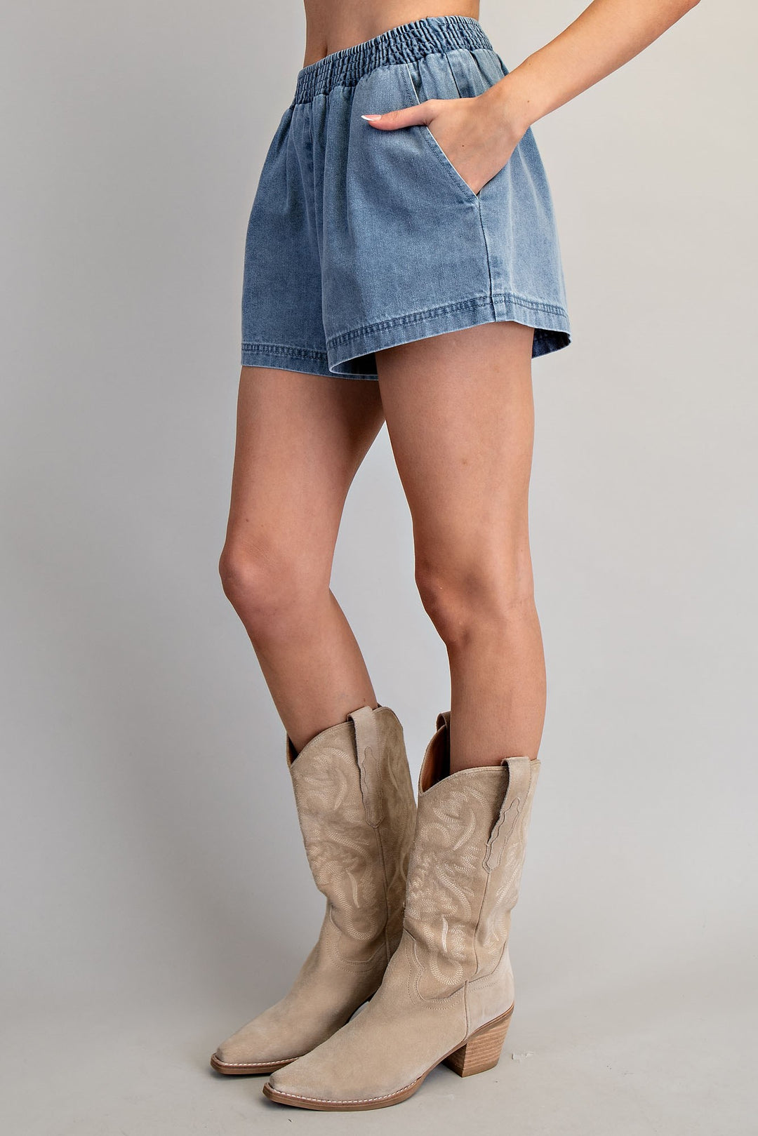 Ladies EESOME Solid Elastic Waist Denim Shorts - PH15447