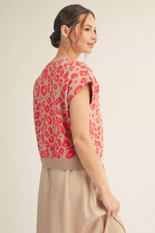 Ladies Jodifl Drop Shoulder Leopard Sweater Knot Detail - G15760 Hot Pink