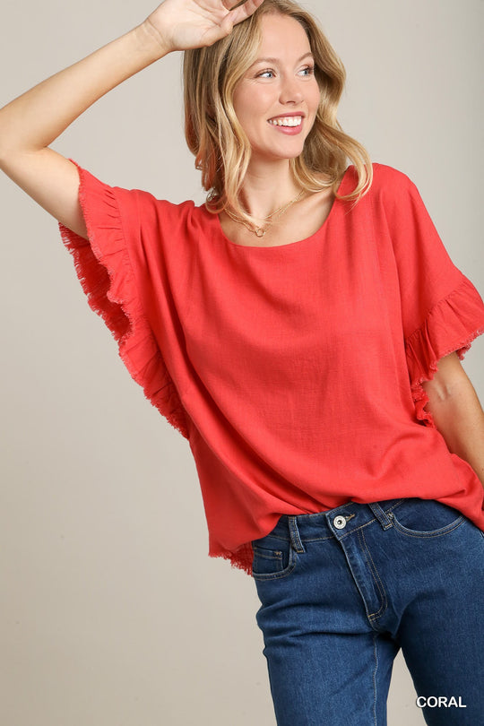 Ladies Umgee Linen Ruffle Sleeve Frayed Top - A5576