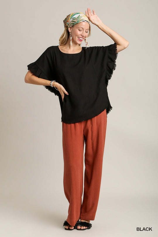 Ladies Umgee Black Linen Blend Short Ruffle Sleeve Round Neck Top with Frayed Scoop Hem - A5576
