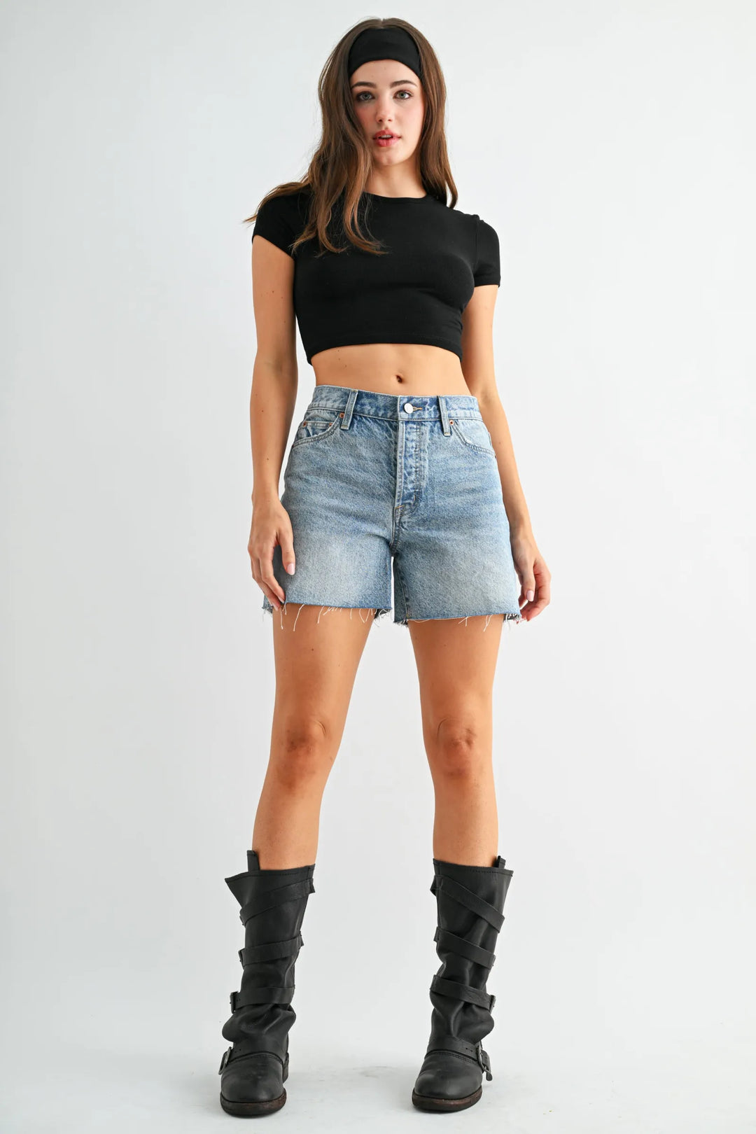 Ladies Mica Denim High Rise Raw Hem Button Fly Shorts - MDP-H3839
