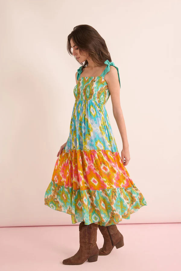 Jade Geometric Drop Waist Dress In Green And Orange Large