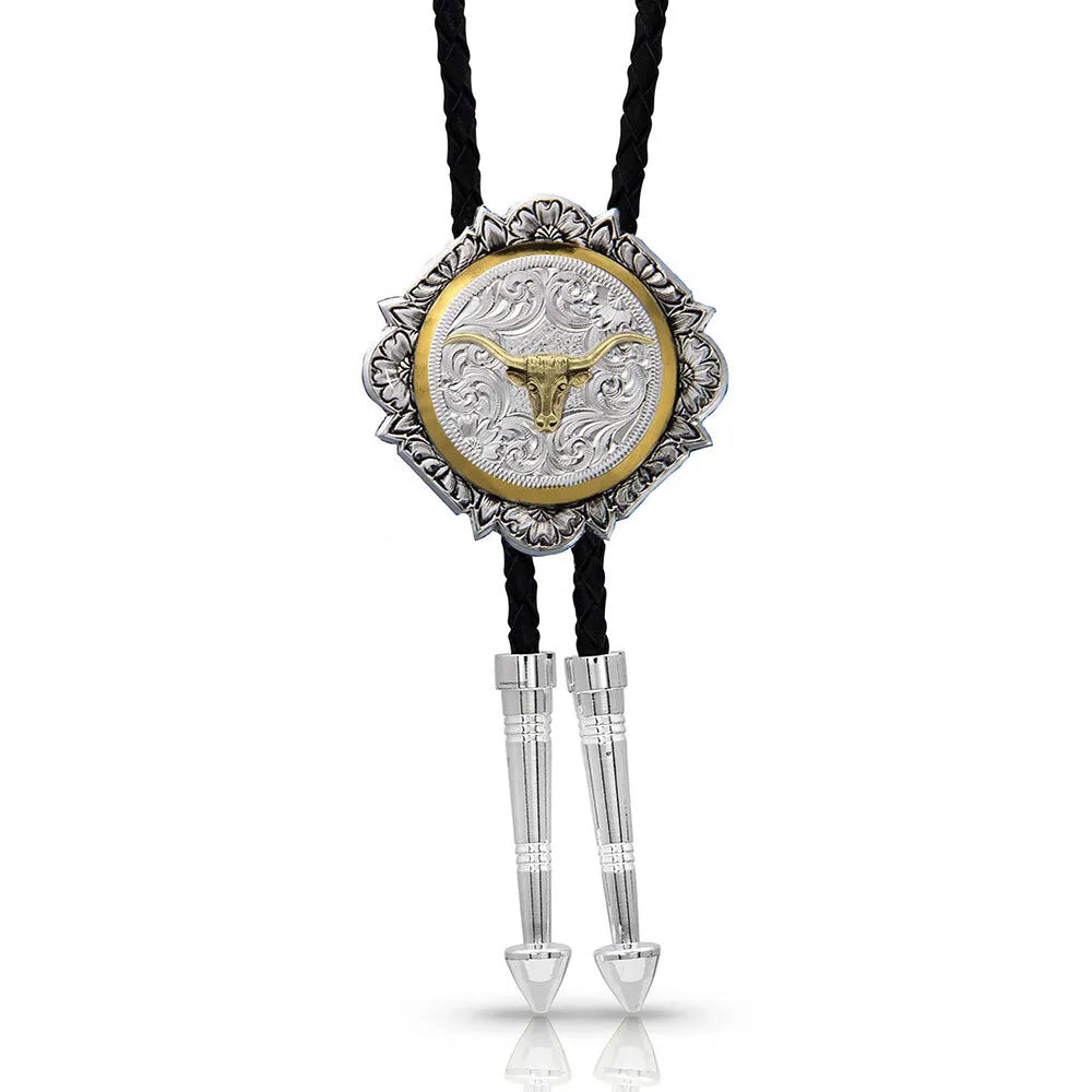 Montana Silversmiths Silver and Gold Engraved Button Bolo Tie - BT366-384S