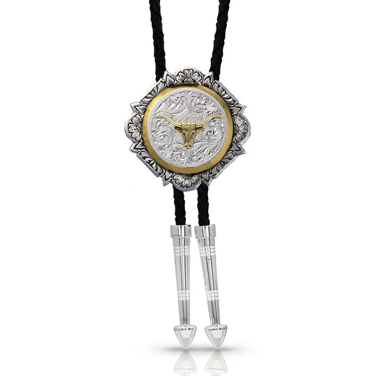 Montana Silversmiths Silver and Gold Engraved Button Bolo Tie - BT366-384S