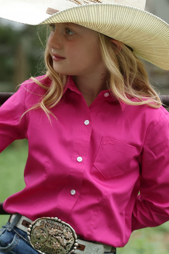 Girls Cinch Hot Pink Long Sleeve Shirt - CTW3120003