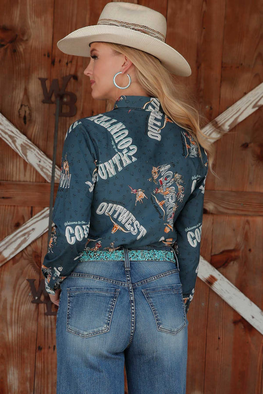 Ladies Cruel Denim Blue Print Long Sleeve Shirt - CTW7343009