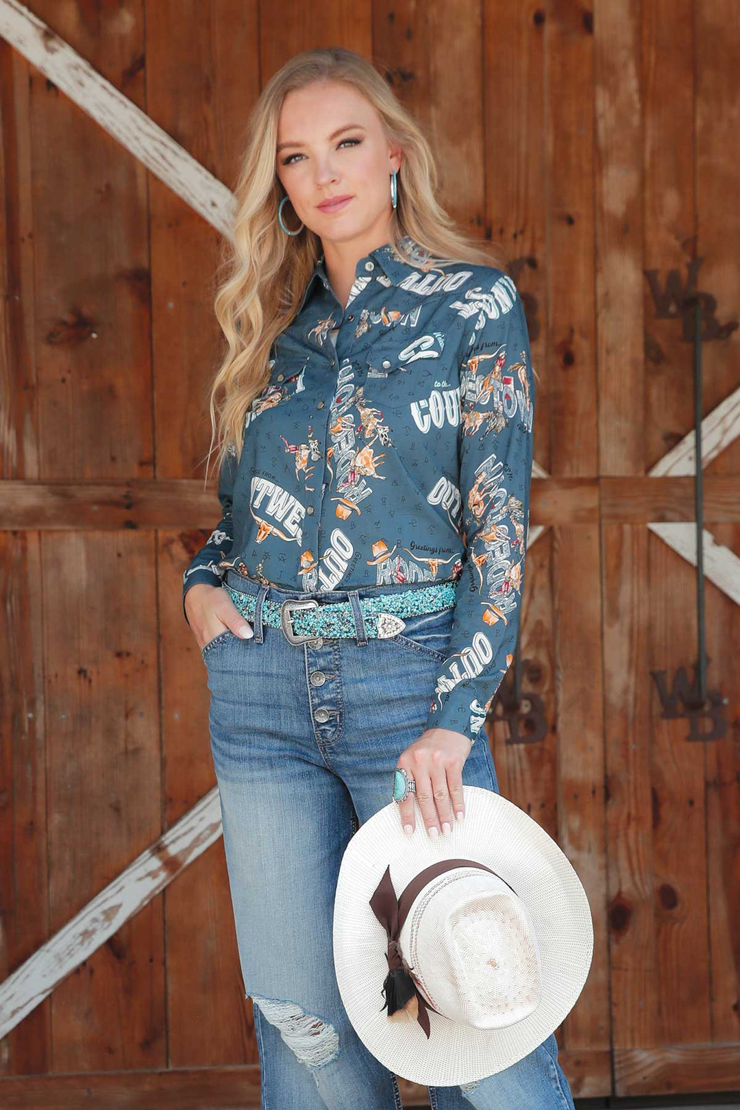 Ladies Cruel Denim Blue Print Long Sleeve Shirt - CTW7343009