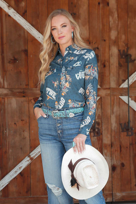 Ladies Cruel Denim Blue Print Long Sleeve Shirt - CTW7343009
