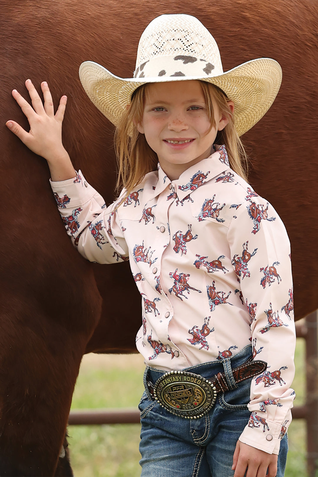 Girls Cinch Pink Cowboy Print Long Sleeve Shirt - CTW8040016