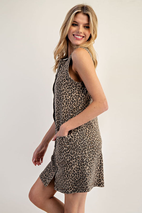 Ladies EESOME Leopard Button Down Front Mini Dress - DH15176