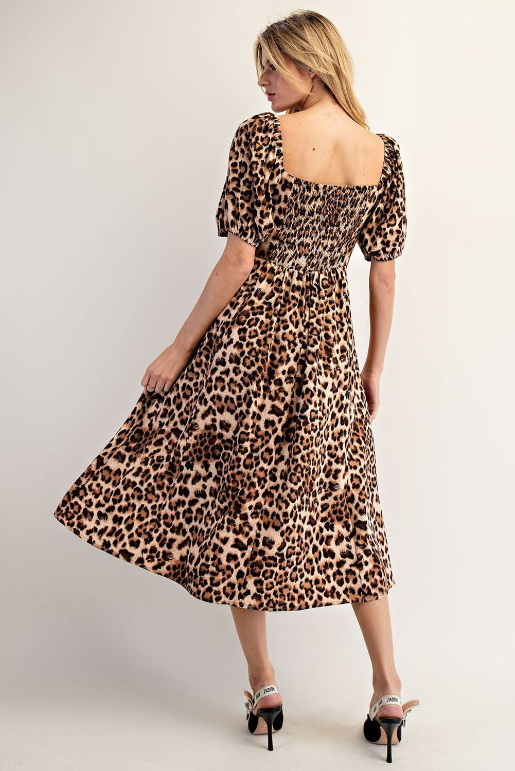 Ladies EESome Leopard Puff Sleeve Square Neck Midi Dress - DK14193