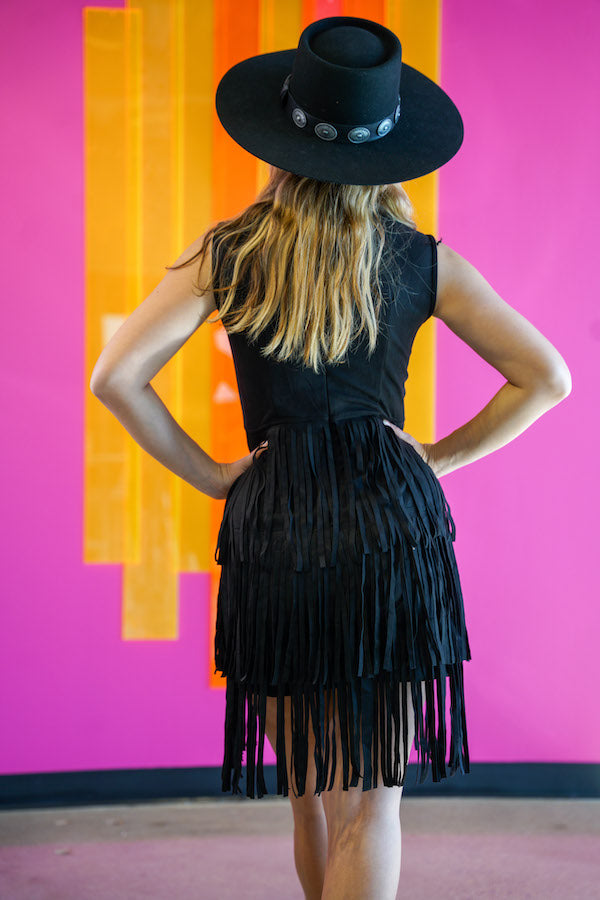 Lucky and Blessed Black Suede Fringe Dress - DR066