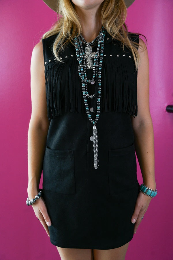 Lucky and Blessed Suede Studded Fringe Front Sleeveless Dress - DR22O