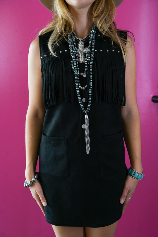 Lucky and Blessed Suede Studded Fringe Front Sleeveless Dress - DR22O